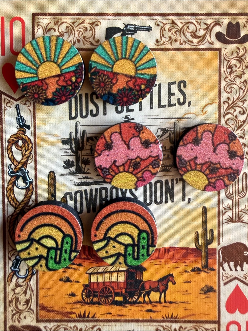 NEW Set of 3 Western Wood Stud Earrings Sun Desert Cactus Boho Cowgirl